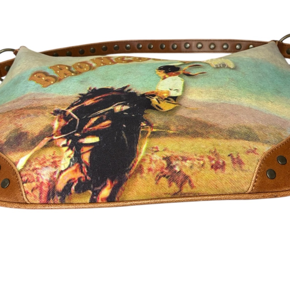 Far Nine Bronco Girl Hobo Handbag features a vintage western cowgirl graphic - Picture 3 of 6